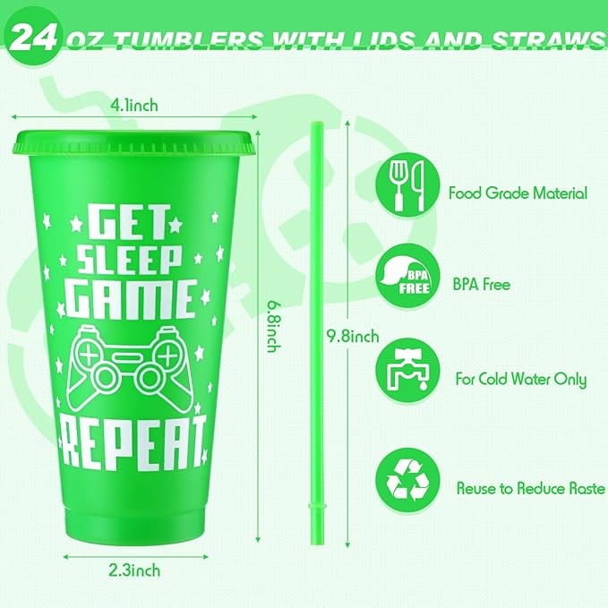 Mifoci Gaming Party Favor Video Game Plastic Reusable Cute Cups with Lids and Straws Gamer Tumbler Iced Coffee Travel Mug Water Bottle for Adult Kid Game Birthday Party Supplies (12 Pcs)
