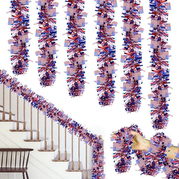 6pcs Memorial Day Garland 39.4 Feet Patriotic Garland 4th of July Tinsel Wreath Metallic Tinsel Hanging Decorations for Independence Day Tree Indoor and Outdoor Decorations