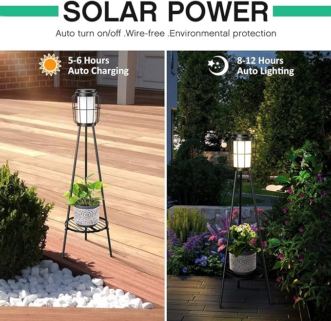 VISFLAIR 2 Pack Solar Lights with Plant Stand, Solar Floor Lamps, Waterproof Solar Powered Outdoor Lights Flower Shelf for Patio Porch Deck Yard Garden Decor