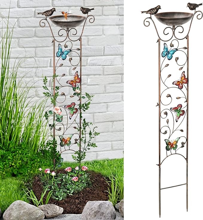 Roll over image to zoom in       LEWIS&WAYNE Garden Trellis Bird Bath Outdoor, 40 Inch Antique Iron Garden Plant Trellis Decorative with Butterflies and Detachable Drinking Basin Bowl, Free Standing B