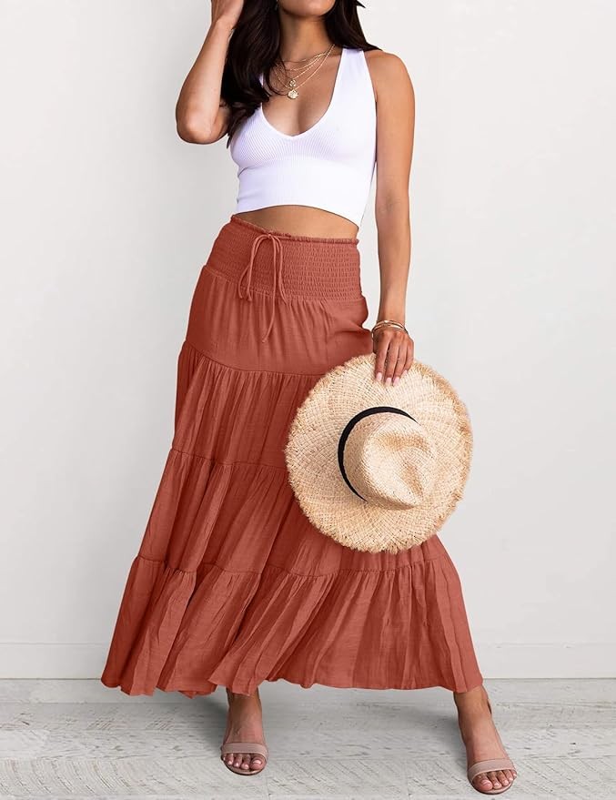HAEOF Women's Summer Elastic High Waist Boho Maxi Skirt Casual Drawstring A Line Flowy Swing Long Skirts