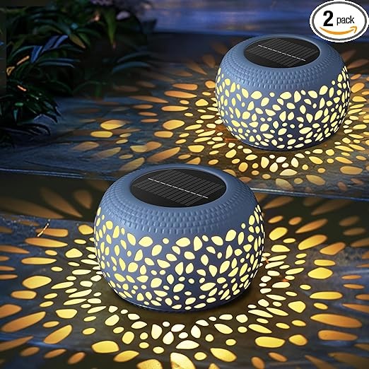 Solar Lantern Garden Patio Decor: 2 Pack White Solar Lanterns Outdoor Waterproof, Solar Lights Outdoor for Table Balcony Deck Pathway Porch Yard Decorations, Outside Hollow Out Metal LED Solar Lantern