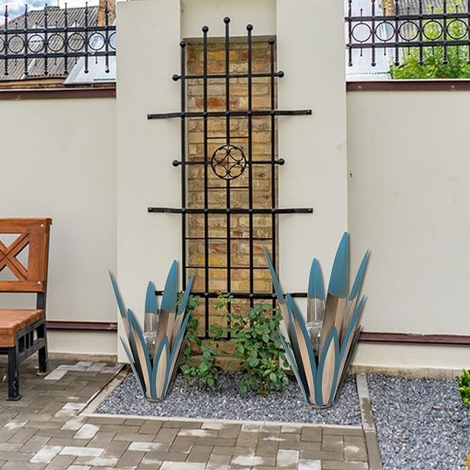 2Pcs Tequila Rustic Sculpture DIY Metal Agave Plant Home Decor Rustic Hand Painted Metal Agave Garden Ornaments Outdoor Decor Figurines Home Yard Decorations Stakes Lawn Ornaments (A-2pcs-blue)
