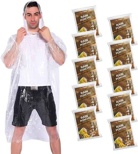 COOY Rain Ponchos,with Drawstring Hood （10 Pack） Emergency Disposable Rain Ponchos Family Pack for Adults,Clear