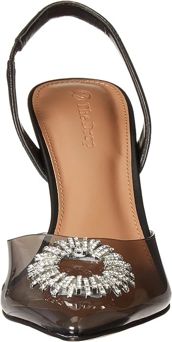 Staples by The Drop Heel measures approximately 3.7" inches Smooth Faux Leather Transparent Pointed Toe Padded Footbed Rhinestone Embelishment
