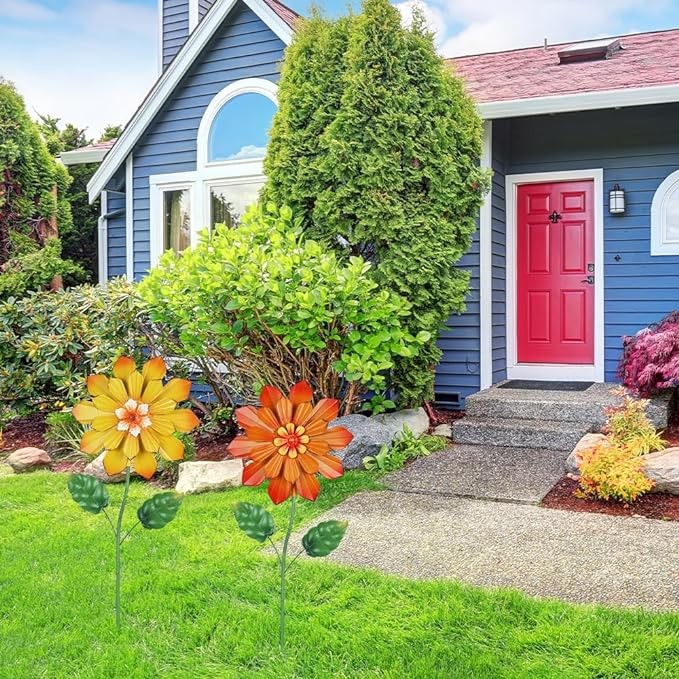 YEAHOME Garden Decor for Outside, Set of 2 Metal Flowers 23.6” Decorative Garden Stakes for Spring Decor, Yard Art Flower Stakes for Outdoor Lawn Backyard Porch Garden Decorations (Orange, Yellow)