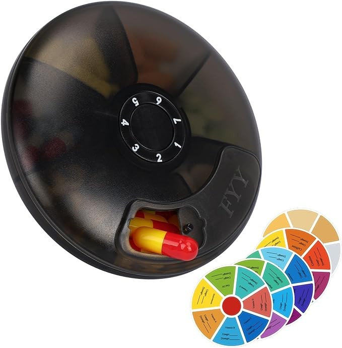 FYY Travel Weekly Pill Organizer - Push Button Pill Case Rotate 7 Compartments Daily Pill Box Portable Pill Dispenser Medicine Case with Labels for Vitamin/Fish Oil/Pills/Supplements-Black