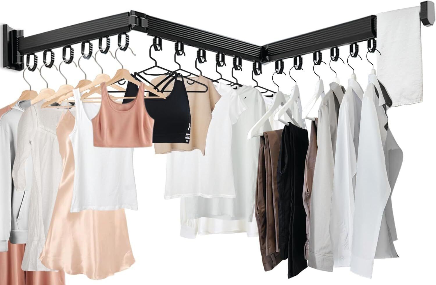 Wall Mounted Clothes Hanger Rack Laundry - Retractable & Collapsible Tri-Fold