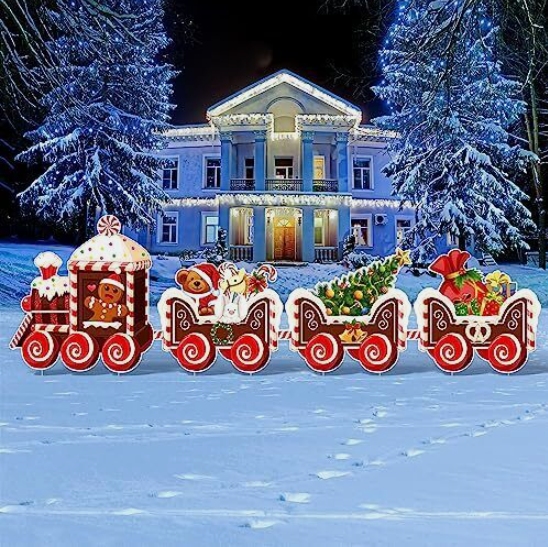 4 Pieces Christmas Decorations Outdoor Yard Train Lawn Sign Gingerbread Style