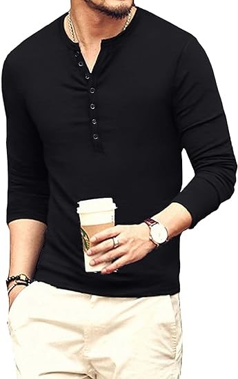 YTD Mens Casual Slim Fit Basic Henley Long Sleeve Fashion T-Shirt
